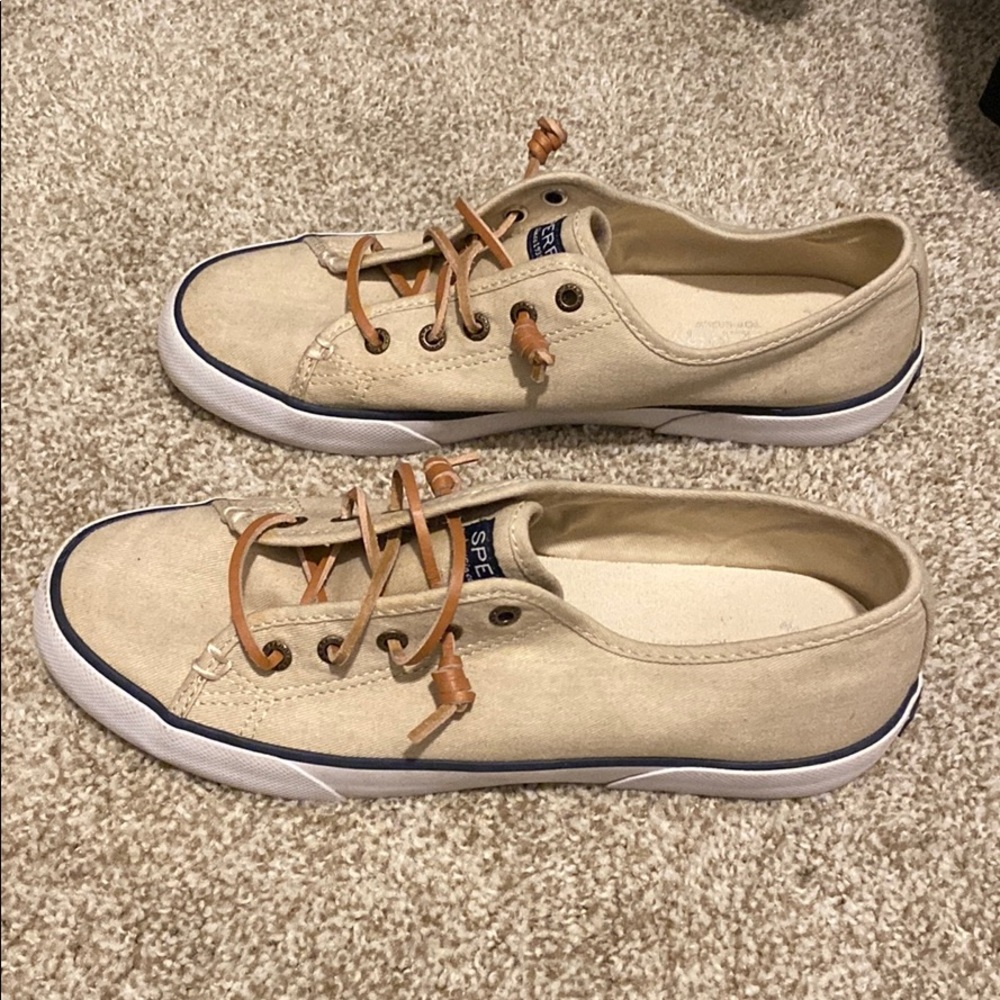 Tan Sperry slip ons